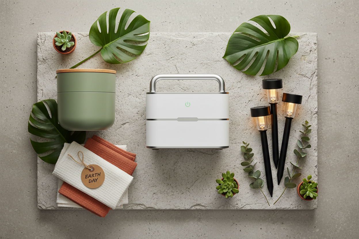 A curated flat lay of sustainable home essentials including a portable solar power station, smart kitchen composter, reusable linen towels, and solar garden lights on a natural stone surface with green botanicals — Earth Day eco-upgrade guide.
