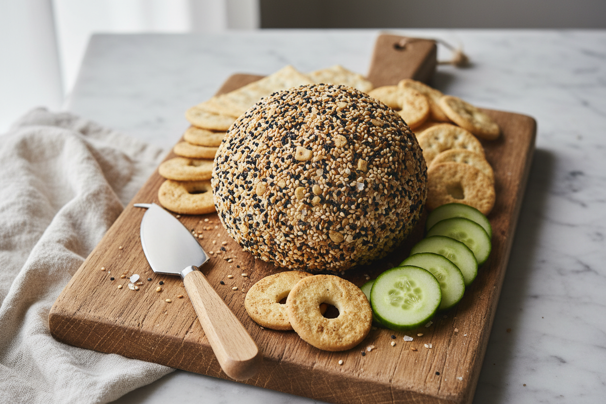 verything bagel goat cheese and herb ball coated in sesame and poppy seeds, served with crackers, bagel chips, and cucumber rounds on a wooden board