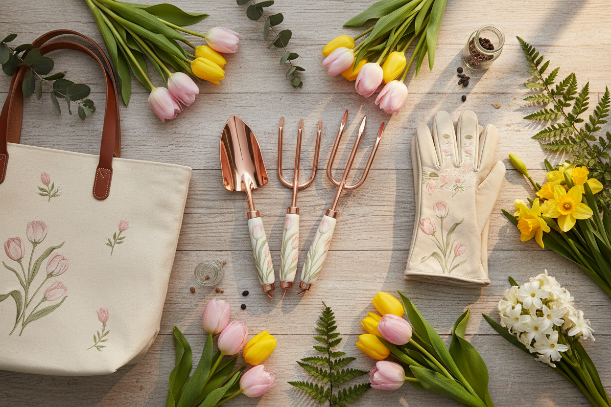 Elegant flat lay of floral garden tools, a canvas gardening tote, and fresh spring tulips and daffodils in blush and sage tones — The Fancy Frontier spring gardening guide by On Many Occasions.