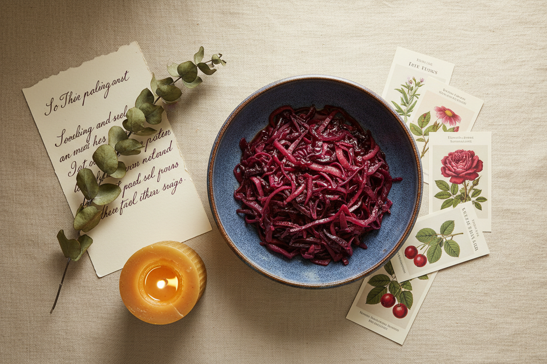 A cozy February flat lay featuring braised red cabbage in a ceramic bowl, a handwritten letter, dried eucalyptus, a flickering candle, and seed catalog clippings on a linen surface.