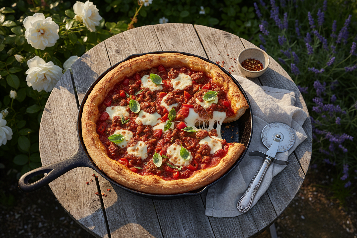 Golden Chicago-style deep dish pizza in a cast iron pan on a spring garden table, surrounded by lush greenery in warm afternoon light