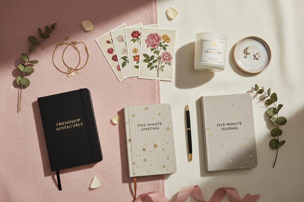 Flat lay of Galentine's Day gift ideas including gold friendship bracelets, a luxury scented candle, a Moleskine notebook, vintage botanical postcards, a five-minute journal, and celestial stud earrings on a blush pink background"