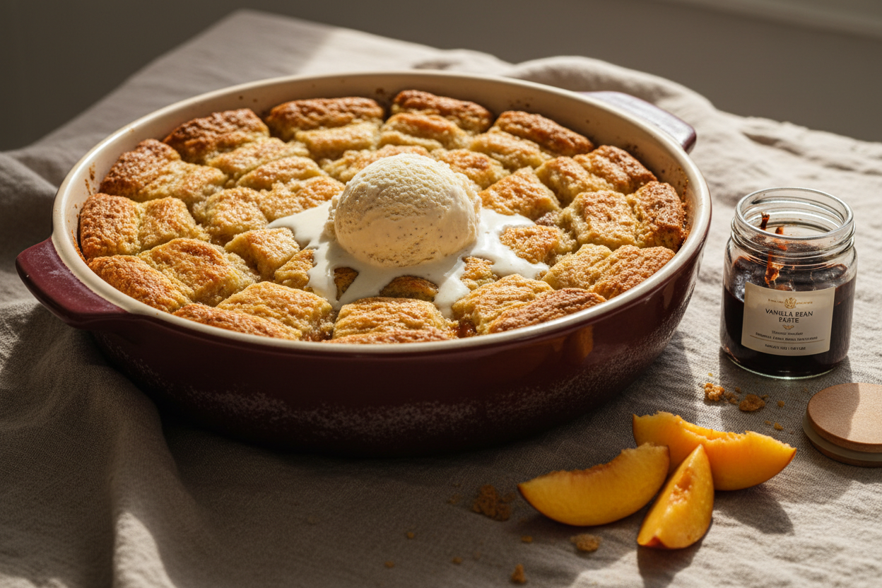 A golden-brown peach cobbler in a rustic ceramic baking dish topped with vanilla bean ice cream, styled with fresh peaches and artisanal vanilla paste — celebrating National Peach Cobbler Day with On Many Occasions