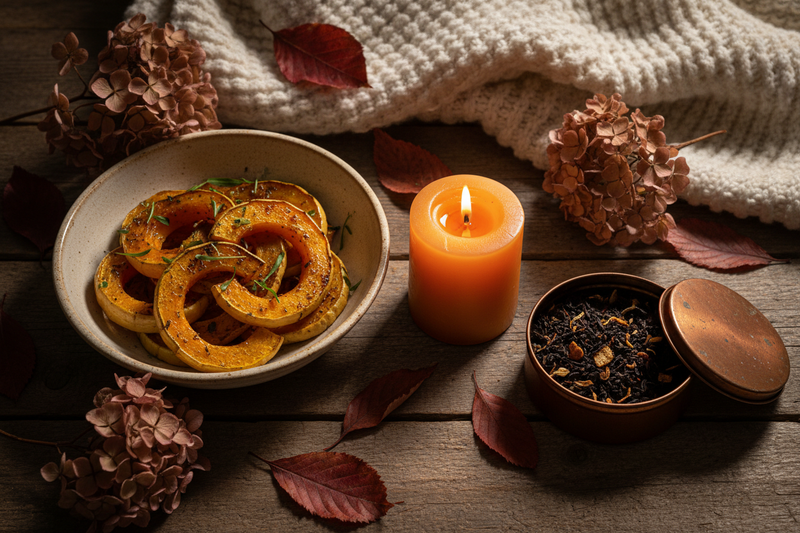A cozy autumn flat lay with roasted squash, a glowing candle, dried hydrangeas, loose-leaf tea, and a wool throw in warm amber and copper tones — The Harvest Hearth October 2026 inspiration.