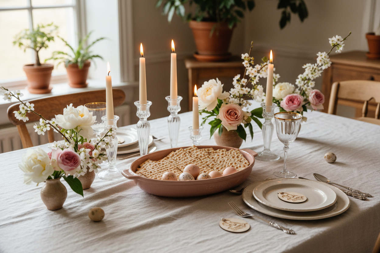Elegantly styled spring heritage table with linen tablecloth, stoneware serving platter, glass taper candle holders, and fresh florals for Easter and Passover entertaining.
