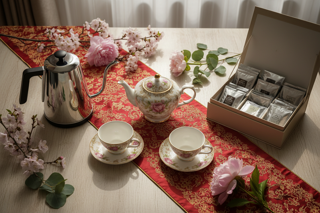 An elegant afternoon tea service with a floral bone china teapot, matching teacups, a precision gooseneck kettle, and an artisanal tea gift set on a red and gold embroidered table runner — celebrating National Tea Day with On Many Occasions