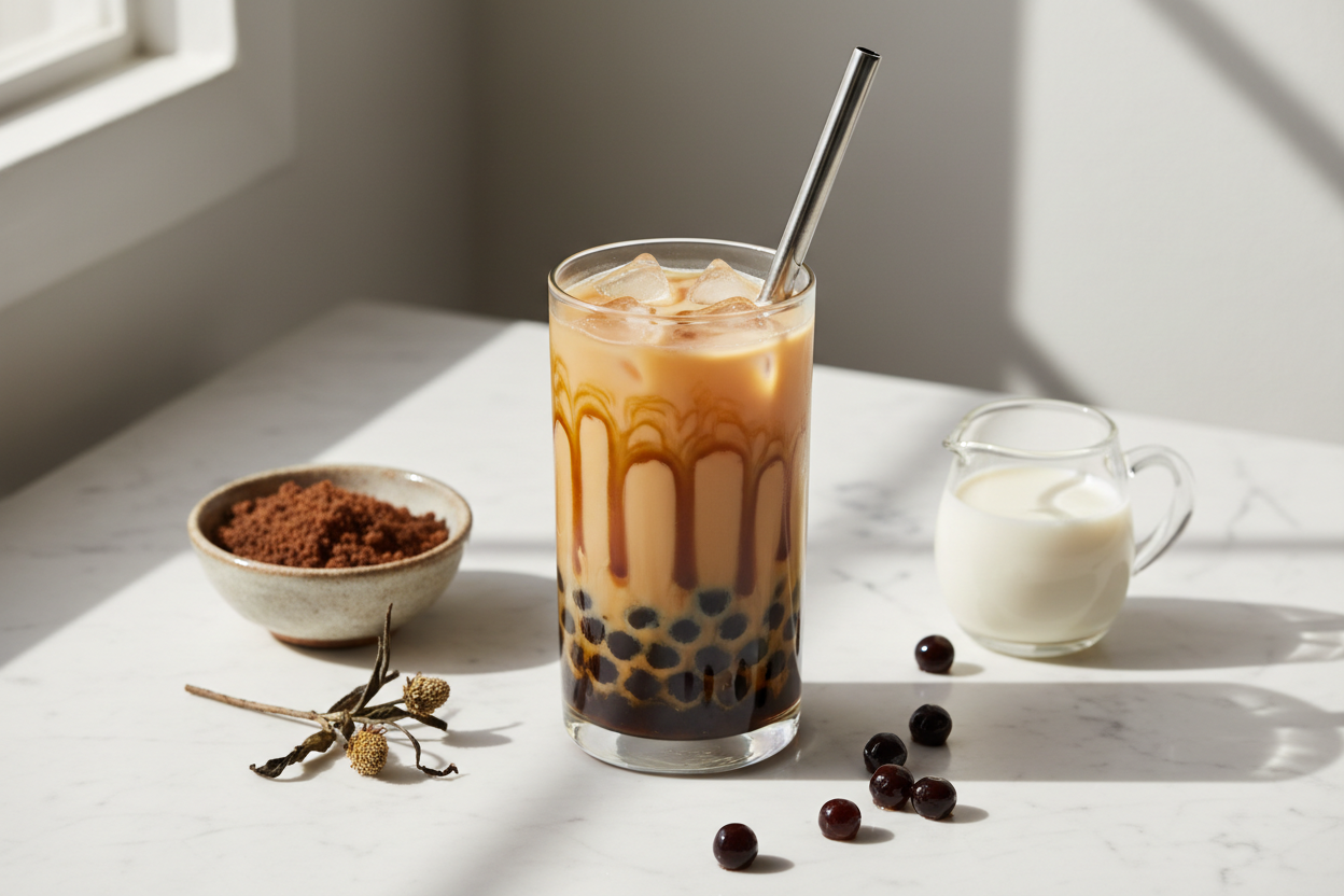 Homemade brown sugar oat milk boba tea in a tall glass with tiger stripe syrup, chewy tapioca pearls, and a metal straw, surrounded by ingredients on a marble surface