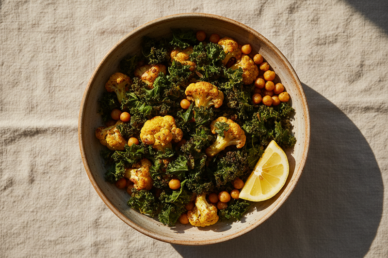 Overhead flat lay of a vibrant immunity bowl with golden turmeric-roasted cauliflower, crispy kale, chickpeas, and a lemon wedge in a ceramic bowl on a warm linen surface.
