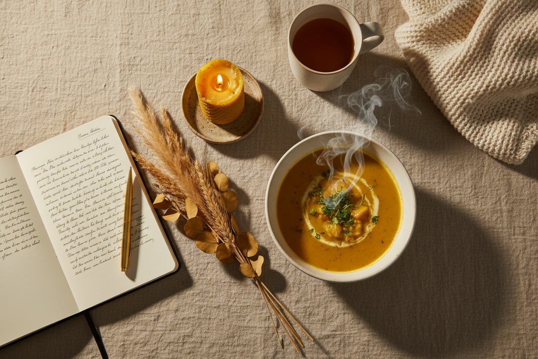 A cozy winter flat lay featuring a bowl of golden root soup, a handwritten journal, dried botanicals, a beeswax candle, and warm amber lighting on a linen surface.
