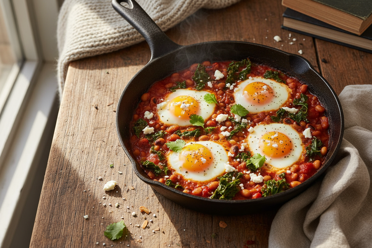 Cast iron skillet filled with "Lucky" Black-Eyed Pea & Kale Shakshuka with poached eggs, goat cheese, and fresh cilantro — A healthy New Year's Day one-pan breakfast recipe by On Many Occasions.
