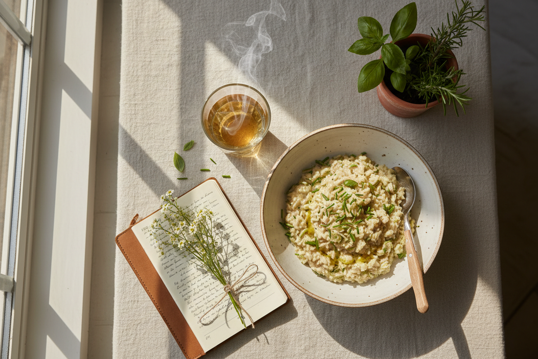 "Soft spring morning vignette with fresh herbs, a handwritten journal, wildflowers, and a bowl of risotto on a linen surface — evoking the vernal equinox transition."