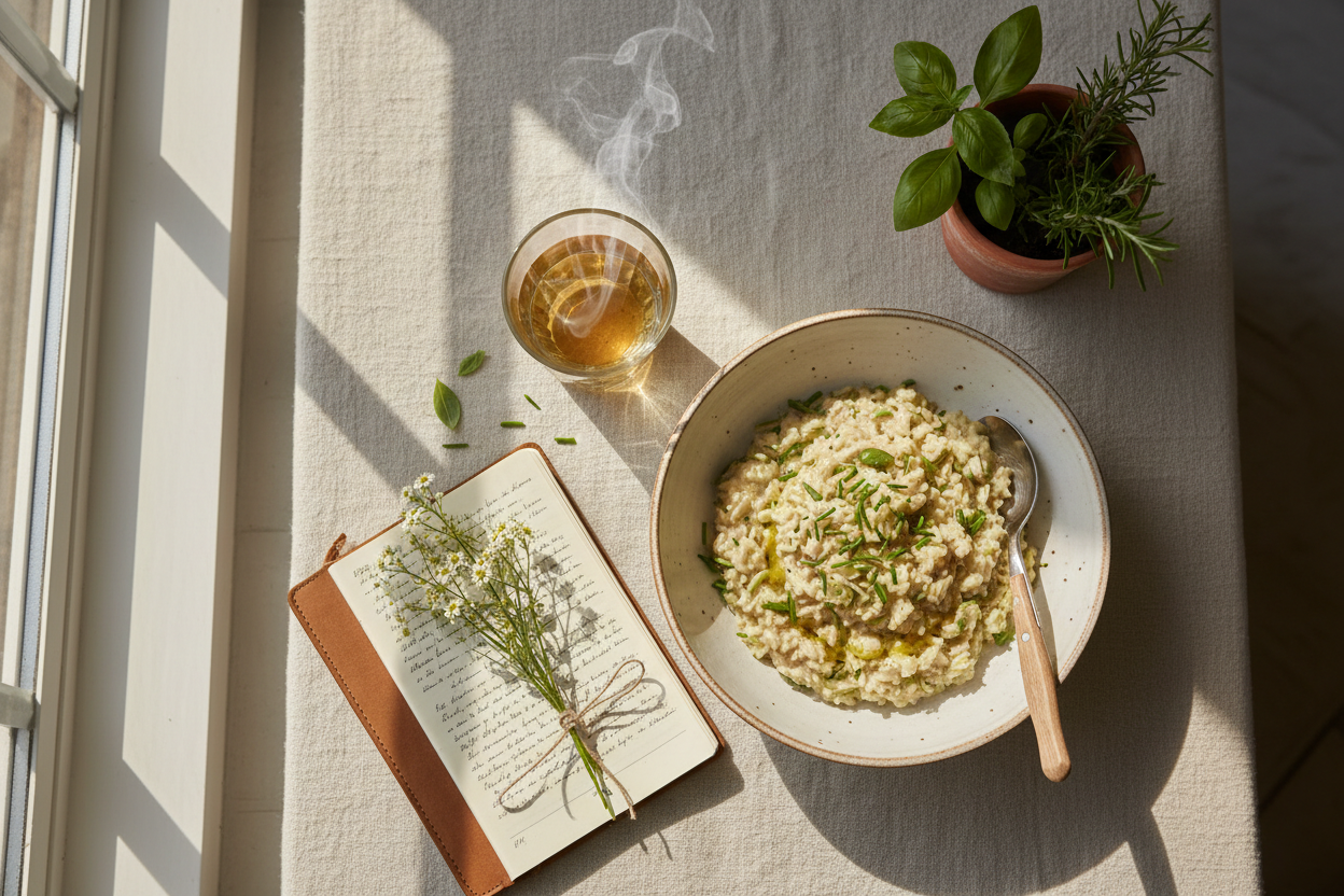 "Soft spring morning vignette with fresh herbs, a handwritten journal, wildflowers, and a bowl of risotto on a linen surface — evoking the vernal equinox transition."