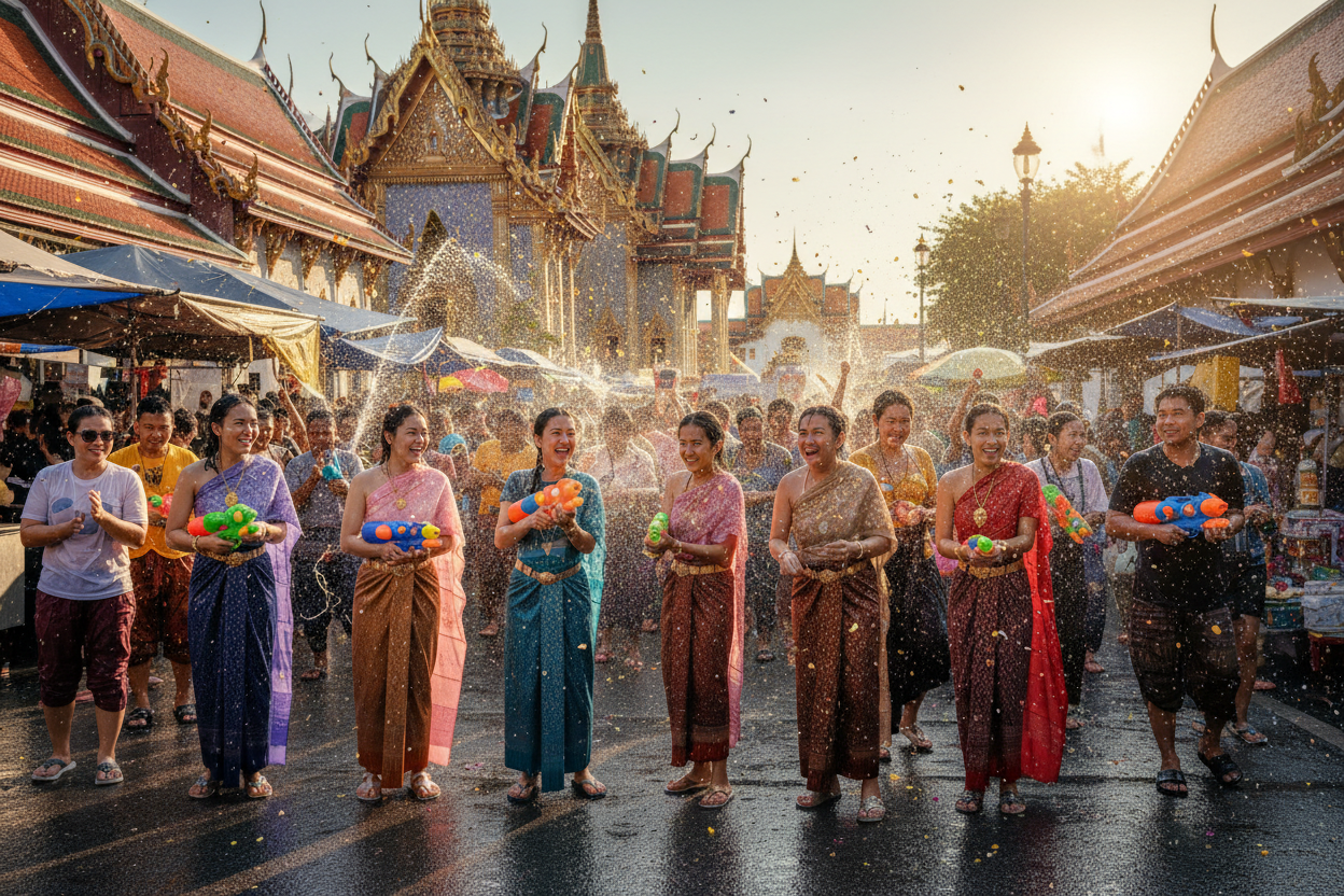 Joyful crowds celebrating Songkran, the Thai New Year water festival, splashing water in sunlit streets with traditional temple architecture in the background.
