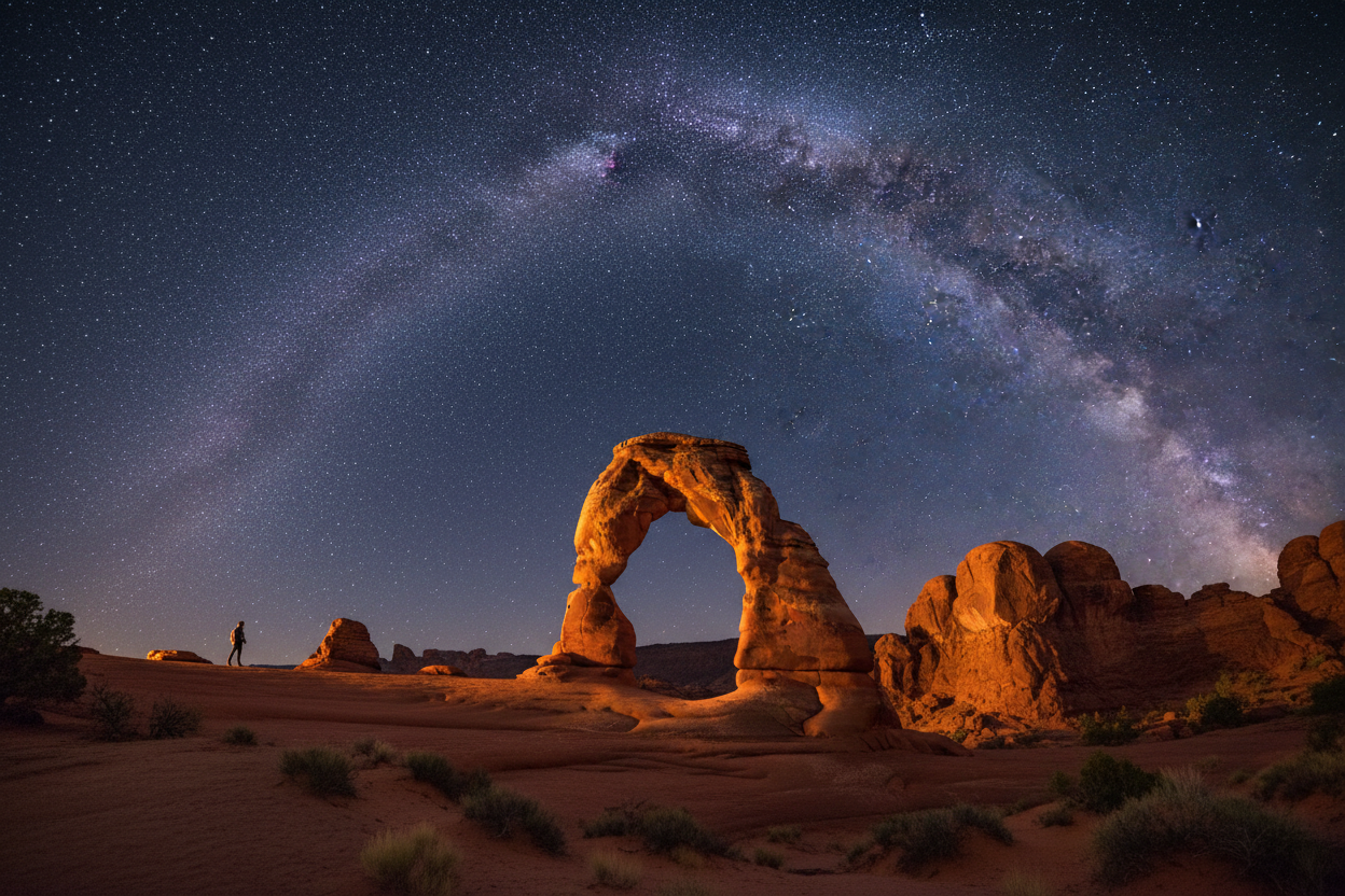 The Milky Way arching over a natural stone arch in a dark sky desert landscape at night — The Midnight Horizon: International Dark Sky Week Travel Guide by On Many Occasions.