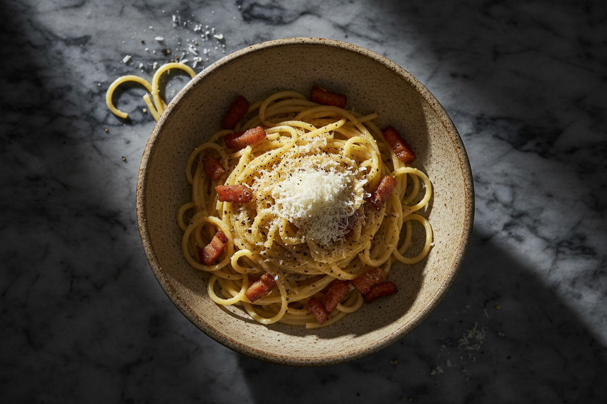 Authentic Roman carbonara pasta in a rustic bowl with crispy guanciale, Pecorino Romano, and freshly cracked black pepper on a dark marble surface