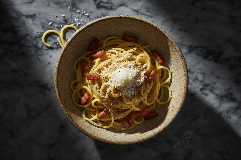 Authentic Roman carbonara pasta in a rustic bowl with crispy guanciale, Pecorino Romano, and freshly cracked black pepper on a dark marble surface