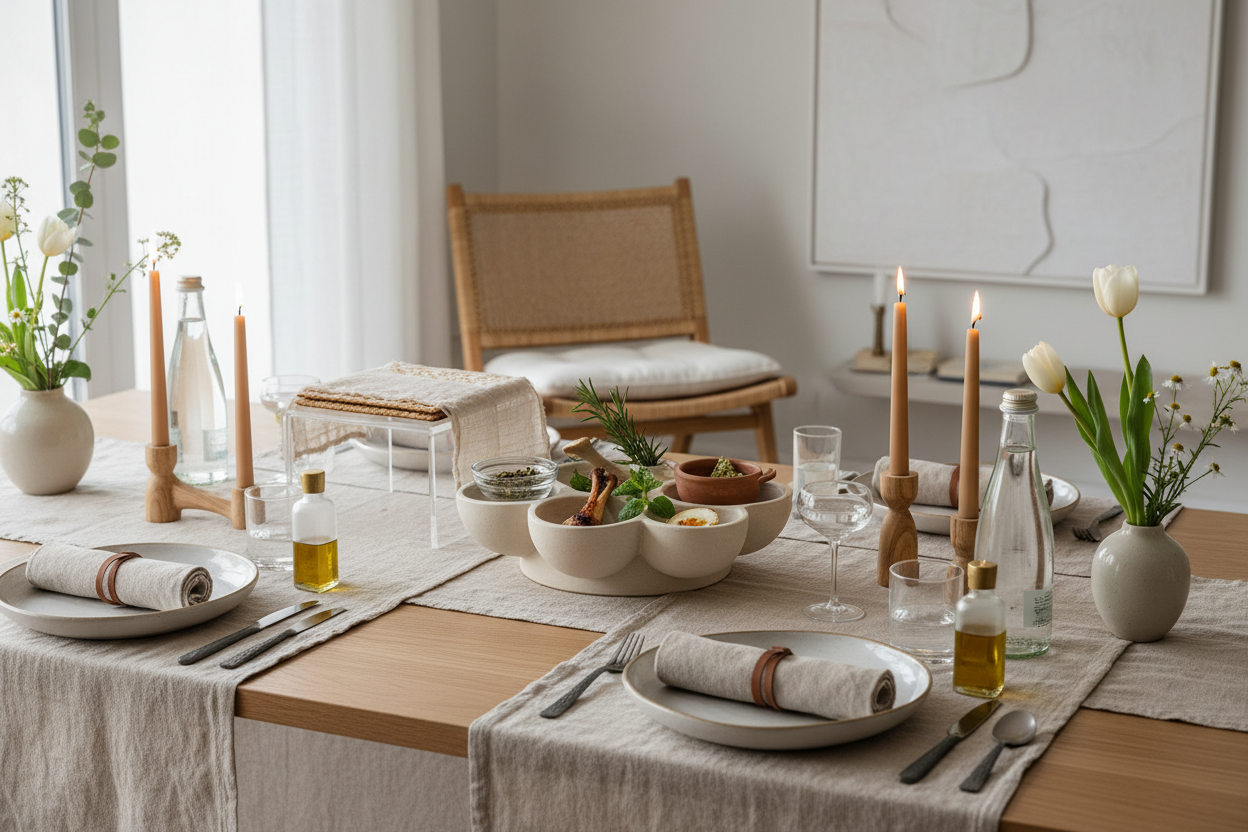 A modern Passover Seder table styled with stoneware plates, linen napkins, spring botanicals, and artisan olive oil — an elevated 2026 Seder aesthetic.