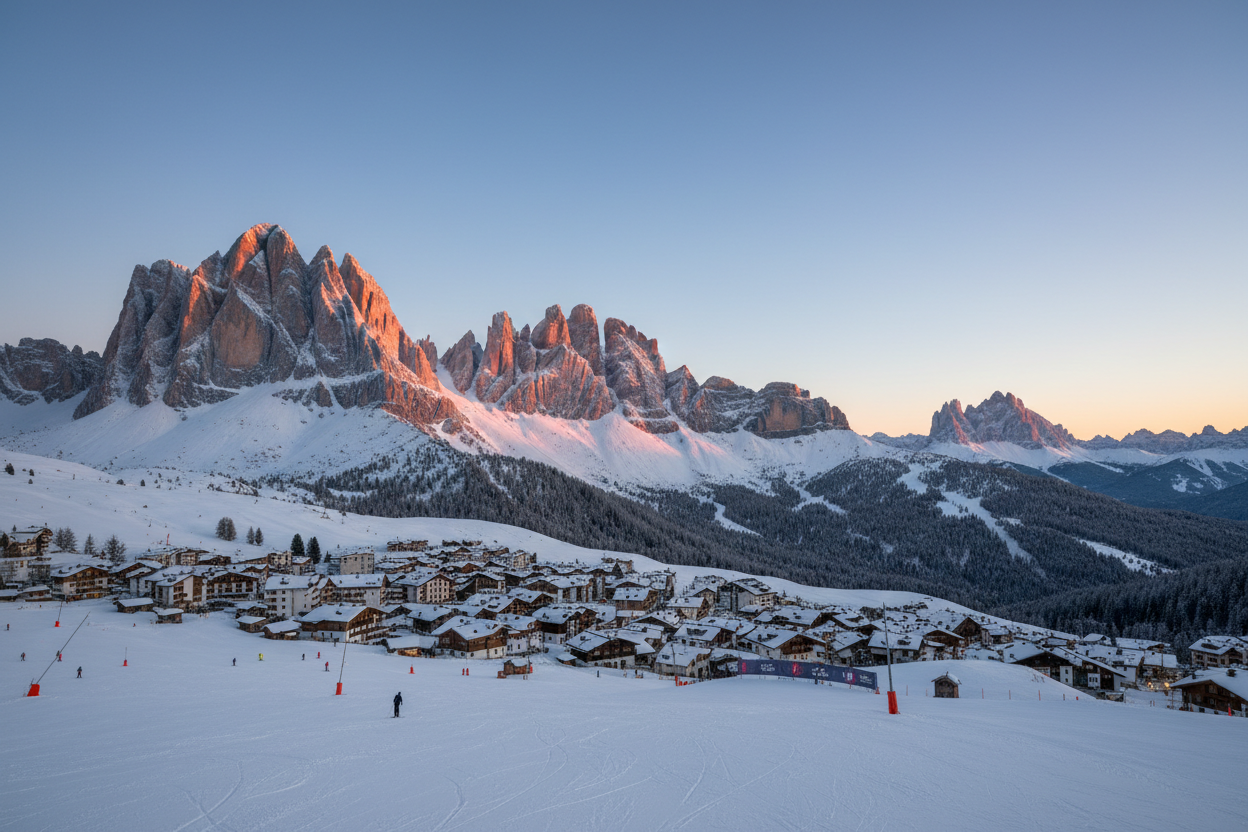 Snow-capped Dolomite peaks glowing pink at sunset with a charming Italian alpine village below and skiers on pristine slopes — The Olympian Reset: Milano-Cortina 2026 Winter Travel Guide by On Many Occasions.
