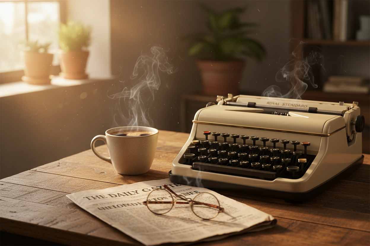 A vintage typewriter, cup of coffee, and open newspaper on a sunny wooden table, evoking the thoughtful world of columnists and the written word."
