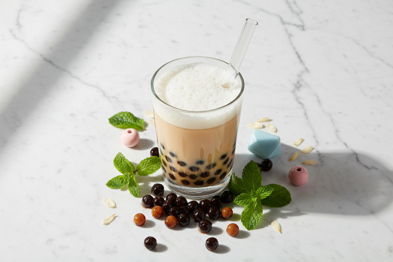 A clear glass of bubble tea with tapioca pearls and a wide straw, styled on a white marble surface for National Bubble Tea Day.