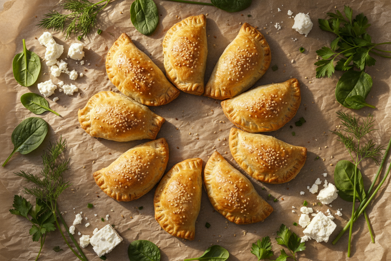 Golden baked spinach and feta empanadas on parchment paper, surrounded by fresh spinach leaves and crumbled feta, styled for spring.