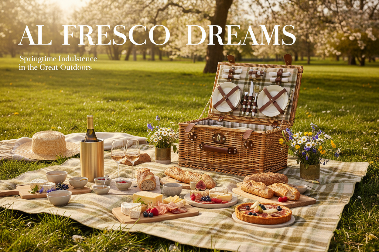 A luxury picnic setup in a sunny park featuring a wicker hamper, waterproof wool blanket, outdoor dining ware, and artisanal provisions — the perfect portable sanctuary for National Picnic Day.