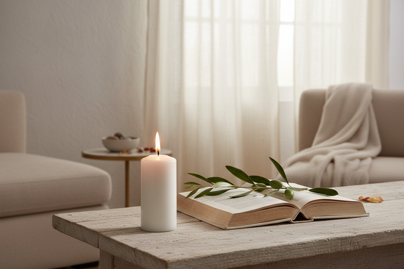"A single white candle glowing beside an open book in a quiet, warmly-lit room — a moment of peaceful reflection for Good Friday."