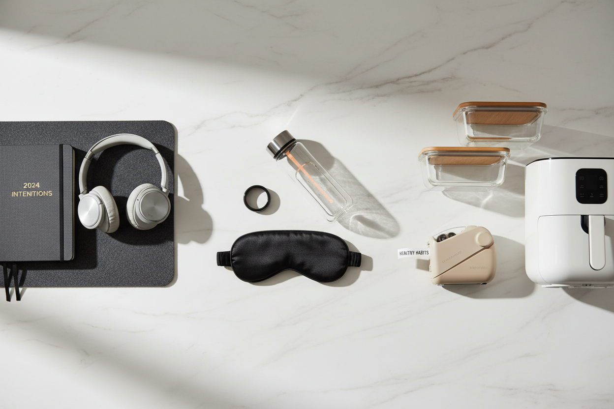 Flat lay of three curated resolution kits including a planner, headphones, desk mat, smart ring, water bottle, sleep mask, glass meal prep containers, air fryer, and label maker on a white surface