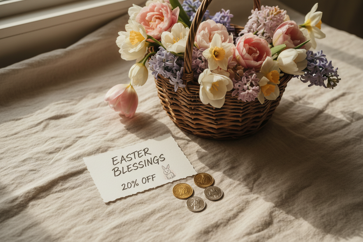 A rustic wicker Easter basket filled with spring flowers and a handwritten experience coupon, styled on a linen surface — representing an intentional, zero-waste Easter celebration.