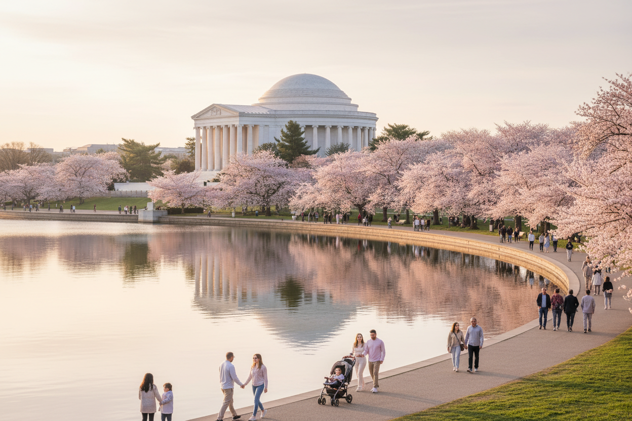 Cherry blossom trees in full bloom along the Tidal Basin in Washington D.C., with the Jefferson Memorial reflected in the water on a bright spring morning.
