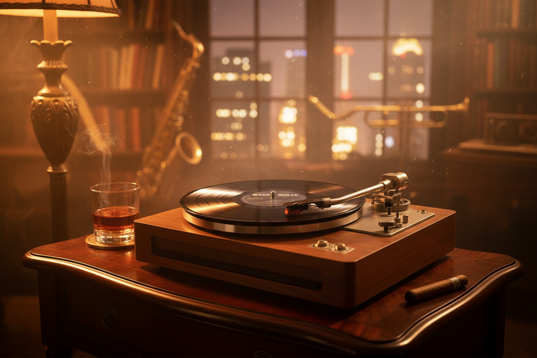 "A vintage record player with a jazz vinyl album spinning in warm, golden light, evoking the mood of International Jazz Day."