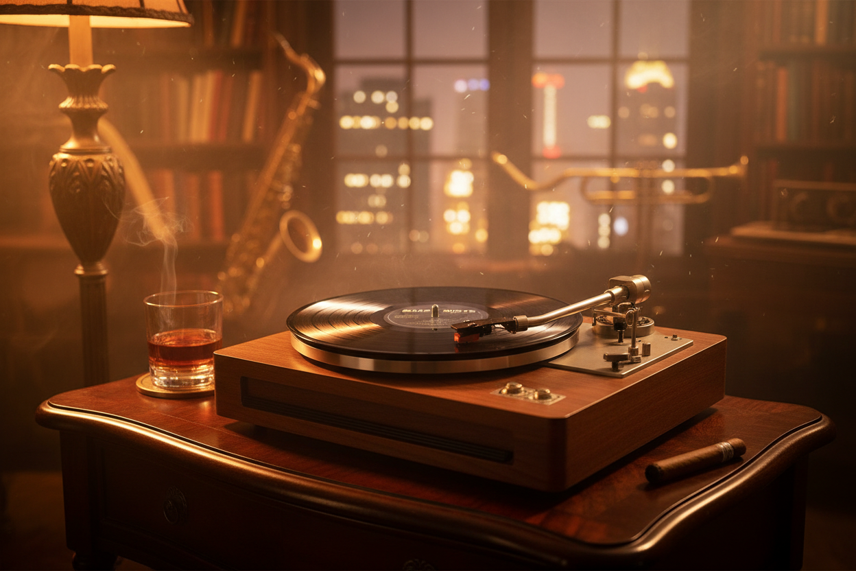 "A vintage record player with a jazz vinyl album spinning in warm, golden light, evoking the mood of International Jazz Day."