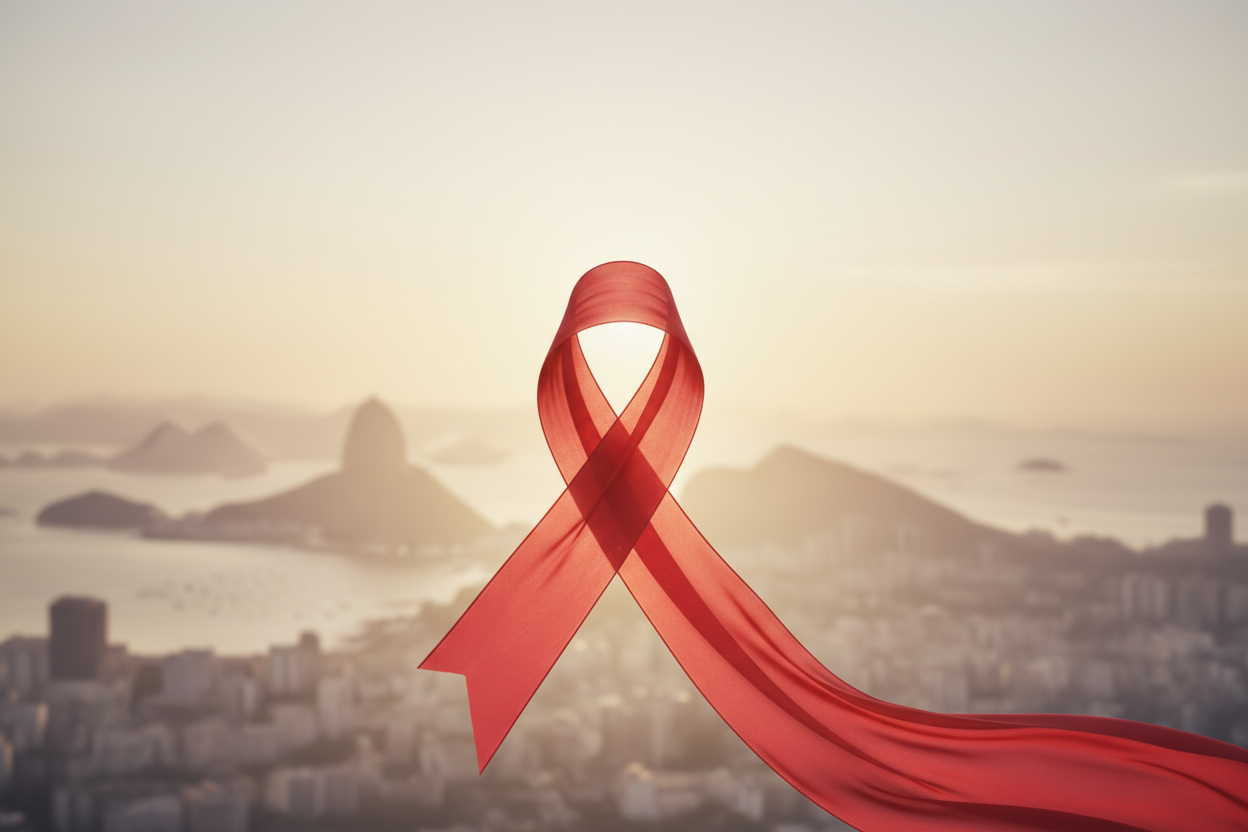 A red AIDS awareness ribbon centered against a warm neutral background with a soft Rio de Janeiro skyline silhouette, symbolizing global solidarity for World AIDS Day 2026.