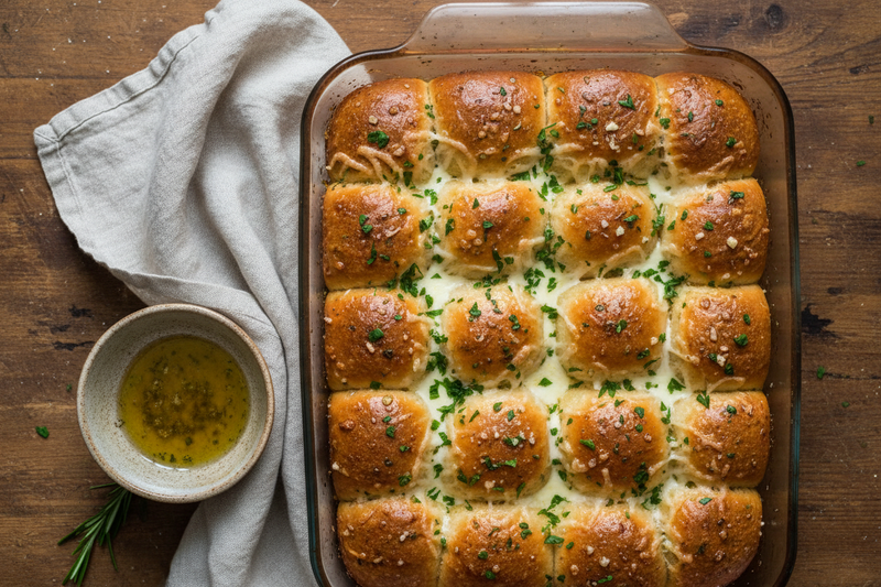 Pull-apart garlic knot sliders in a glass baking dish, topped with melted mozzarella, garlic herb butter, and fresh parsley — a tear-and-share comfort meal perfect for Siblings Day.