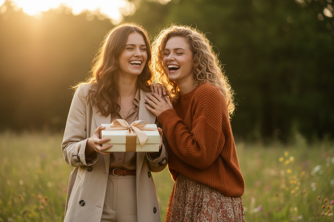 Two best friends laughing together outdoors at golden hour, celebrating National Best Friends Day with a gift in hand.