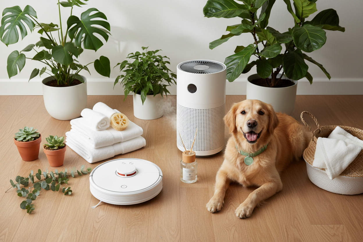 A modern home spring cleaning setup featuring a robot vacuum, air purifier, and a dog with a GPS tracker collar, surrounded by fresh greenery and natural light.