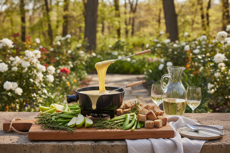 A garden fondue spread featuring melted white wine Gruyère cheese fondue with green apple slices, asparagus, snap peas, and bread cubes on a rustic wooden board in a sunny outdoor setting