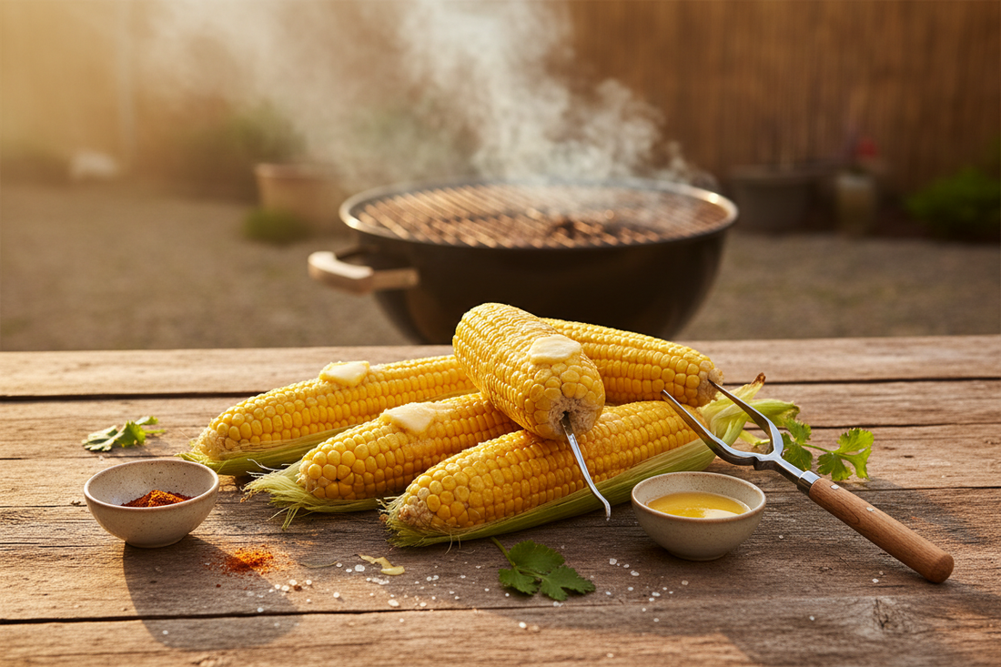 Fresh corn on the cob with melted butter and corn holders on a rustic wooden table, styled for a summer BBQ celebration.