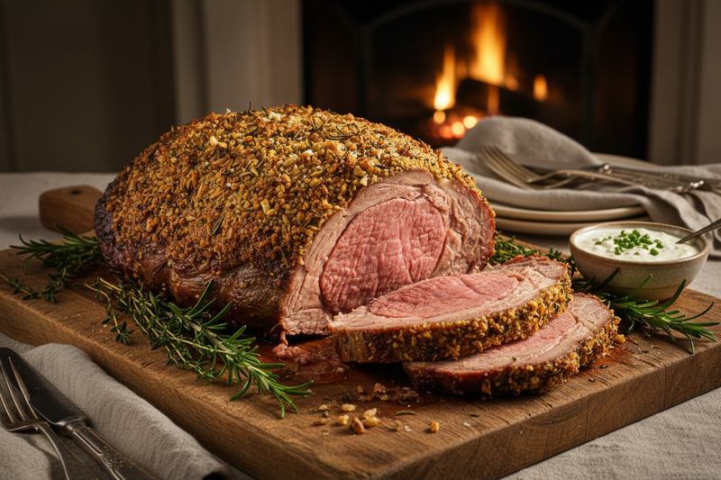 A golden garlic-herb crusted prime rib roast sliced to reveal a juicy pink center, served on a rustic cutting board with fresh rosemary, thyme, and a bowl of creamy horseradish sauce.