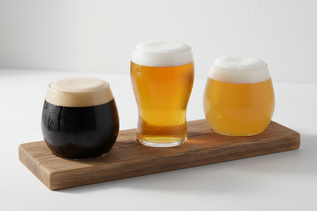 Three craft beer styles in glasses on wooden serving paddle - dark stout, golden pale ale, and wheat beer for National Beer Day tasting