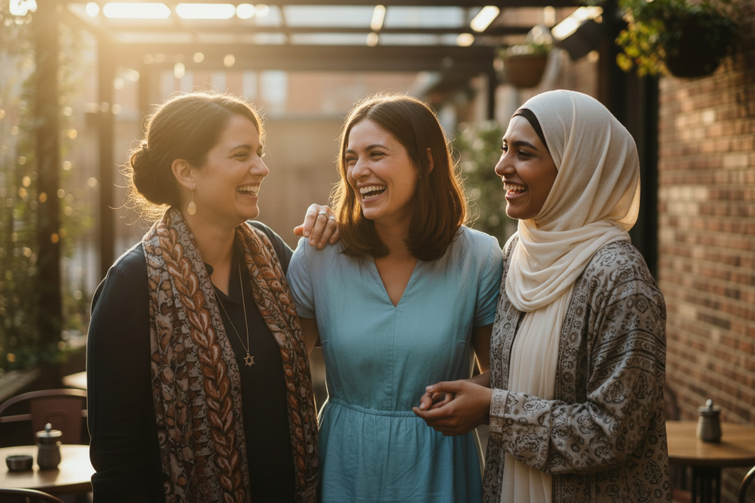 Jewish, Christian, and Muslim women laughing together in friendship, celebrating interfaith harmony and unity