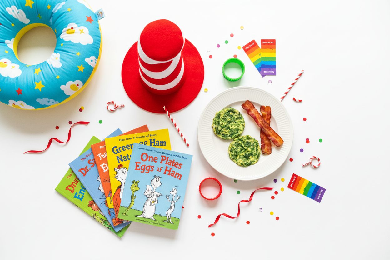 Flat lay of Dr. Seuss Day celebration with green eggs, red and white striped Cat in the Hat hat, books and rainbow bookmarks for Read Across America