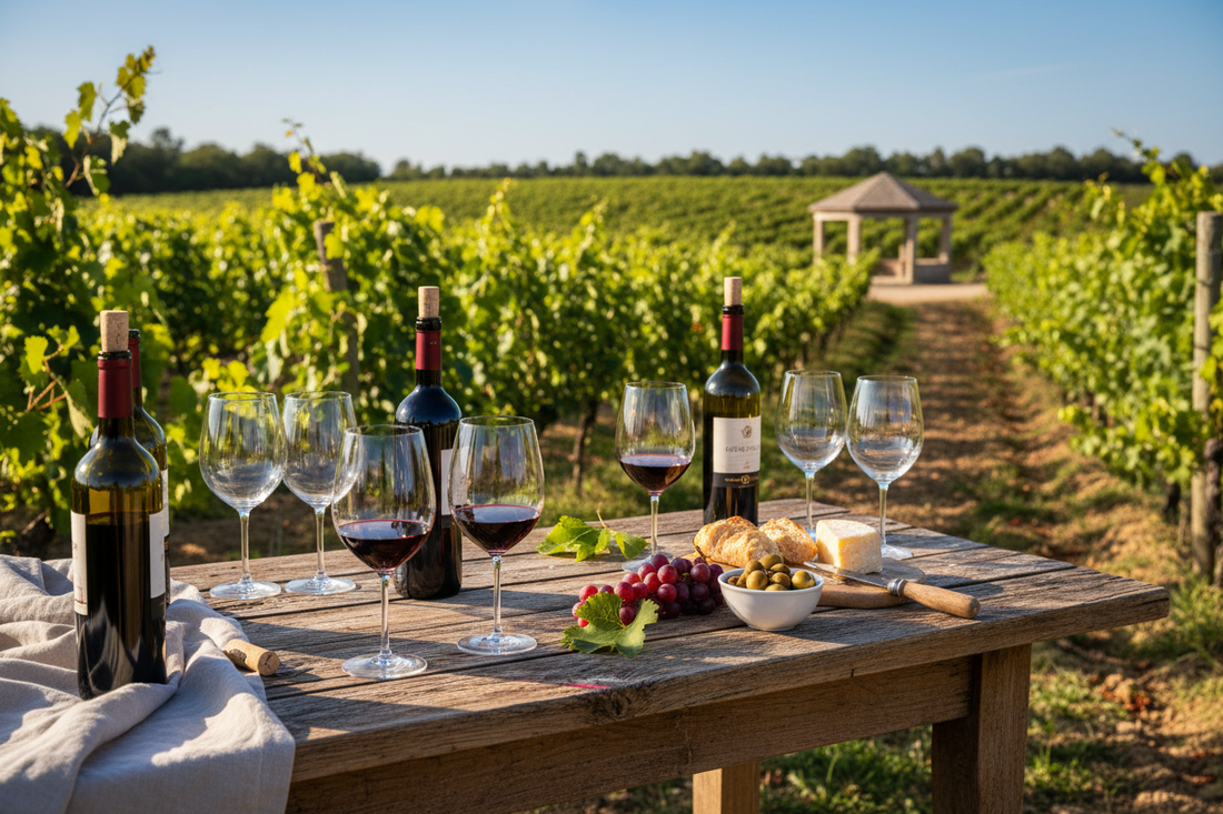 Wine bottles and glasses on a rustic table in a sunny vineyard garden with lush grapevines"