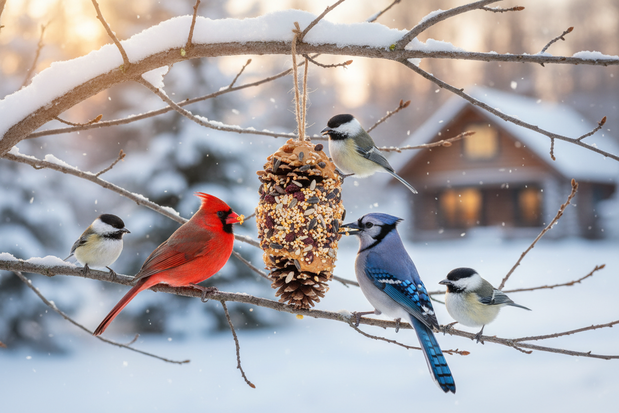 Colorful winter birds including cardinals and blue jays feeding at a handmade bird feeder hanging from a snow-covered tree branch