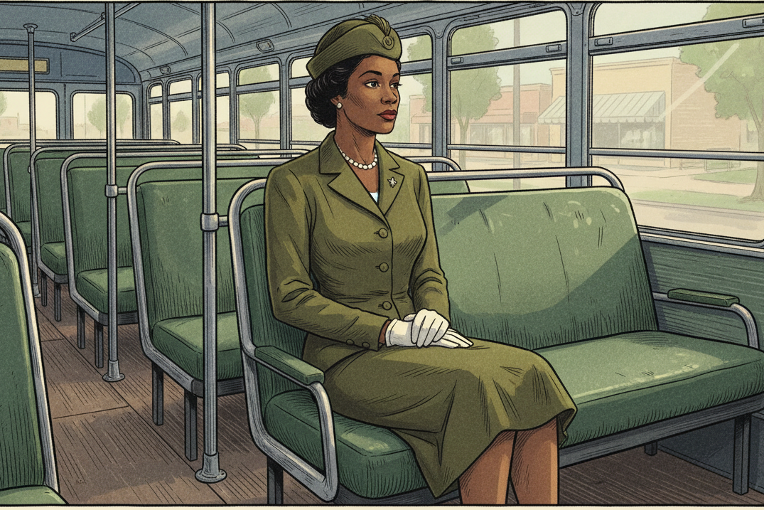 Illustration of a dignified woman in 1950s attire sitting on a vintage Montgomery bus, looking out the window in a moment of quiet courage during the civil rights era