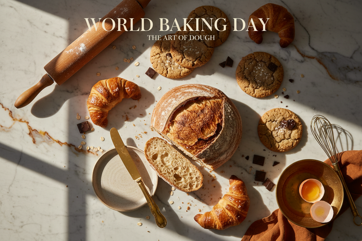 Flat lay of freshly baked artisan goods including golden croissants, sea salt cookies, and rustic sourdough on a marble surface, styled for World Baking Day 2026