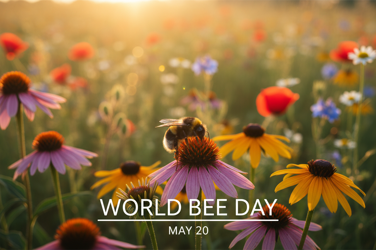 A bumblebee pollinating wildflowers in a sunlit meadow, celebrating World Bee Day