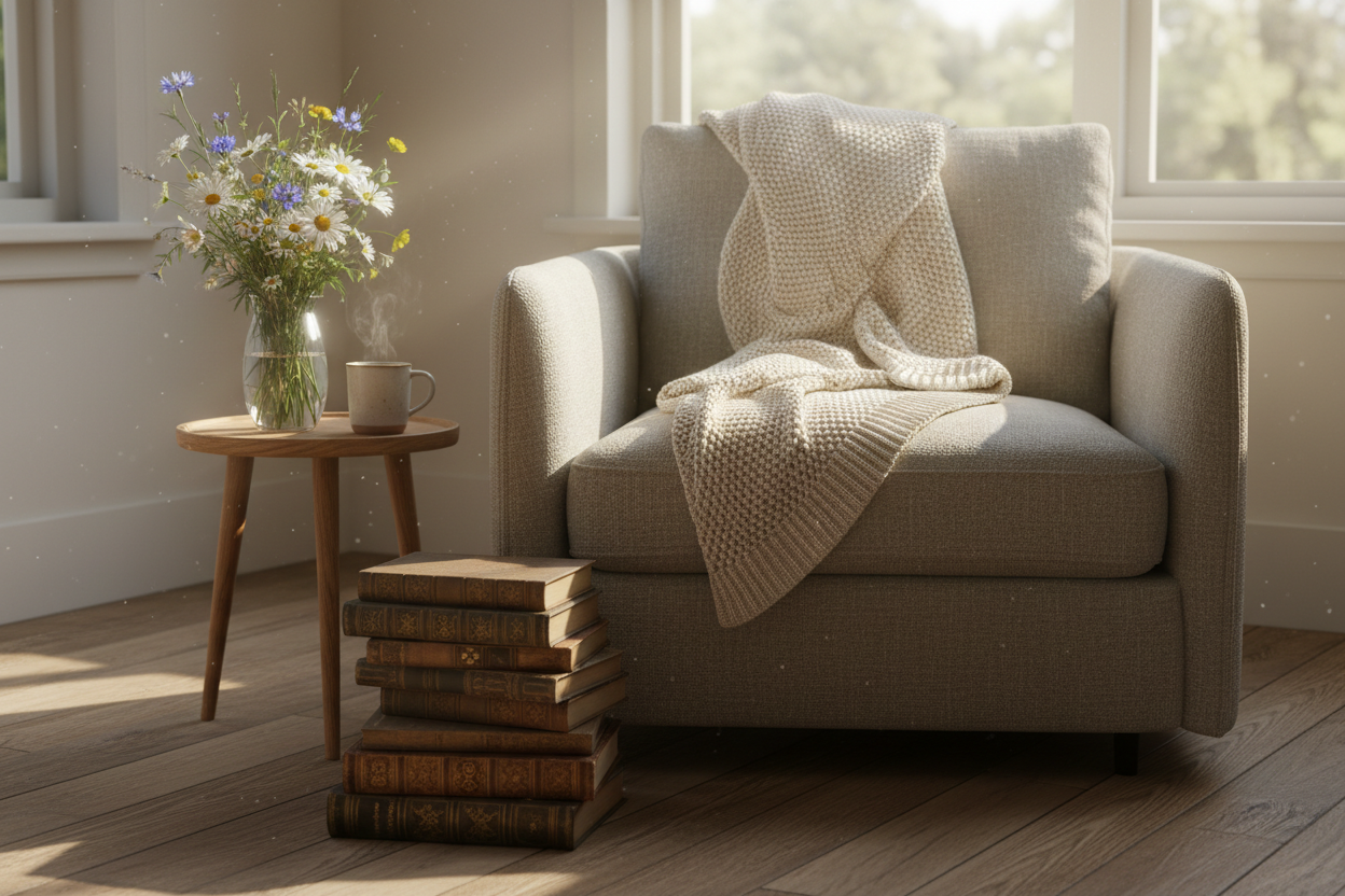 A cozy reading nook with a stack of beautifully bound books, a soft knit blanket, and wildflowers bathed in warm afternoon sunlight, evoking the joy of reading on World Book Day.