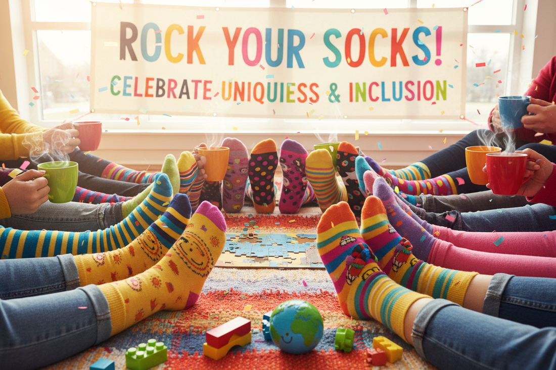 Colorful mismatched socks in vibrant patterns celebrating World Down Syndrome Day and inclusion