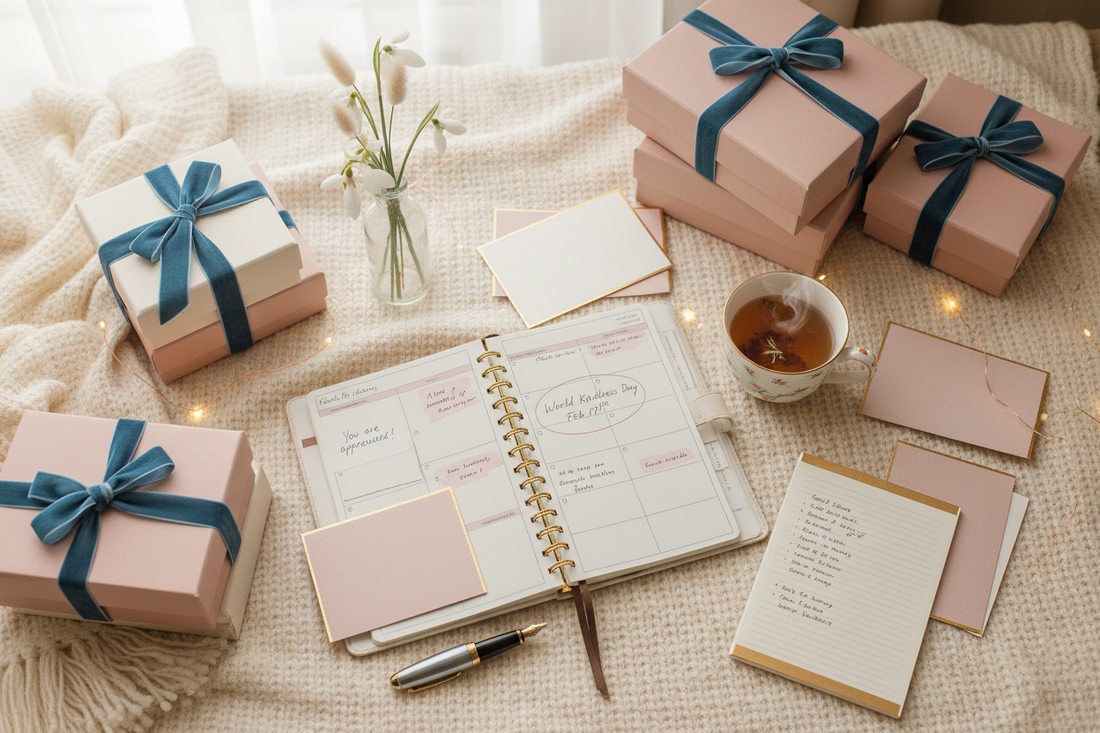 "World Kindness Day preparation for February 13th with planning materials, thoughtful gestures, and organized kindness ideas in soft winter colors